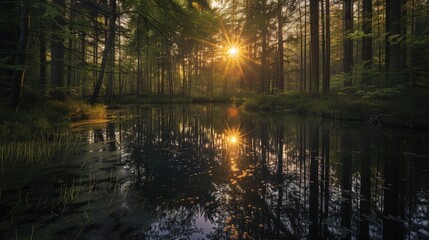 Obraz premium Dark summer forest with sun beams getting through the branches and reflecting in still waters of swampy marsh