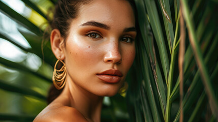 Fototapeta premium Close-up of a woman with golden earrings peering through palm leaves, sun-kissed skin.