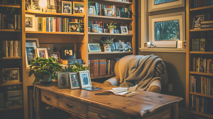 Cozy home office, Bookshelf with books, wooden writing desk adorned with family photographs and plants.