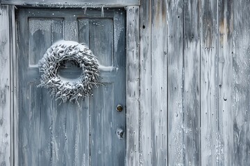 Old white wooden door with a wreath of ivy on it. Old blue wooden door with a wreath of snow and icicles. A close-up of a weathered wooden door, adorned with a frosty wreath and icicles.