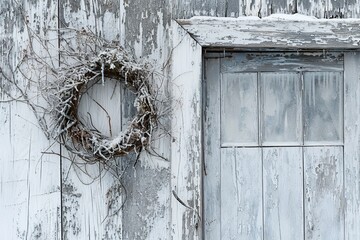 Old white wooden door with a wreath of ivy on it. Old blue wooden door with a wreath of snow and icicles. A close-up of a weathered wooden door, adorned with a frosty wreath and icicles.