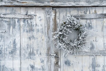 Old white wooden door with a wreath of ivy on it. Old blue wooden door with a wreath of snow and icicles. A close-up of a weathered wooden door, adorned with a frosty wreath and icicles.
