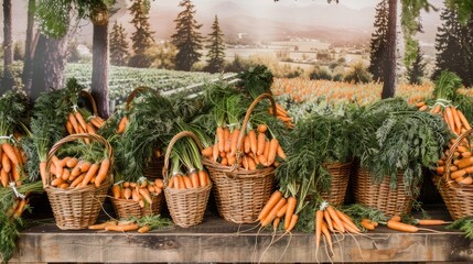 carrots and baskets against lush landscape backgrounds, transporting viewers to a charming countryside scene ripe with agricultural charm.