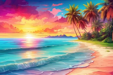 A vibrant summer background with a colorful sunset over a tropical beach, complete with palm trees and crystal clear water
