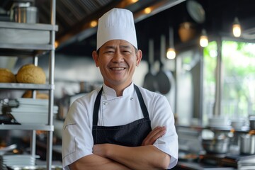 Reflecting years of culinary mastery, a smiling and confident chef adorned with a white toque stands proudly in a bustling commercial kitchen. - obrazy, fototapety, plakaty