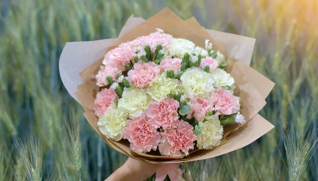 Vibrant bouquet of carnations, delicately cradled amidst a meadow's blooms. Perfect for spring celebrations. Ideal for banners, greeting cards, and event invitations. 
