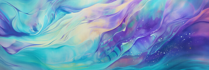 Vibrant Cosmic Dance: Abstract Iridescent Background Shifting in Hues of Blues, Greens, and Purples