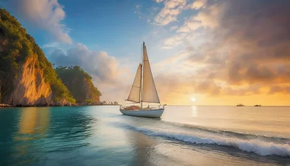 Zelfklevend Fotobehang Sailboat Serenity: Ocean Sunset Sailing © Only 4K Ultra HD