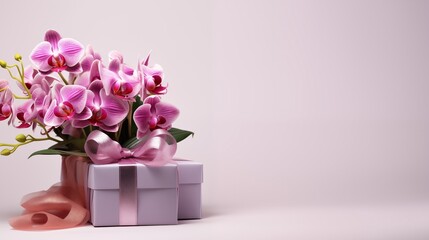 minimalist orchid flower with gift box, illustration, with copy space