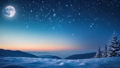 Naklejka premium a snowy landscape with a full moon in the sky and a few trees in the foreground and mountains in the background.
