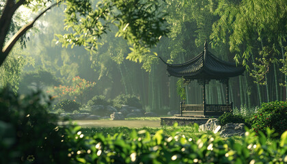 A Green Park with Bamboo. A Meditation Spot. Meditation Concept.