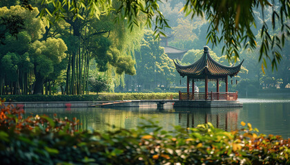 A Green Park with Bamboo. A Meditation Spot. Meditation Concept. - obrazy, fototapety, plakaty