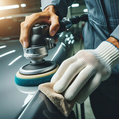 Close-up hand male mechanic wearing suit for working in garage for safety in risky work, mechanic standing using polishing machine scrub surface car that comes garage make new color.
 - obrazy, fototapety, plakaty
