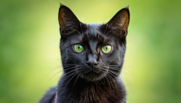 a close up of a black cat with green eyes and whiskers on it's face, looking at the camera.