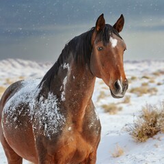 Serenity in Snow: Majestic Red Horse Standing in Winter Wonderland
