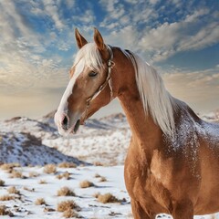 Serenity in Snow: Majestic Red Horse Standing in Winter Wonderland