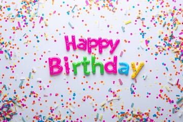 "Happy Birthday" message intricately adorned with vibrant confetti sprinkles, adding a touch of celebration 