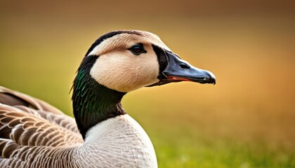 a close up of a duck in a field of grass with grass in the background and a blurry background.