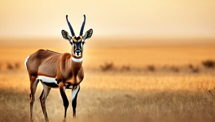 a gazelle standing in the middle of a field of tall grass with an orange and yellow sky in the background.