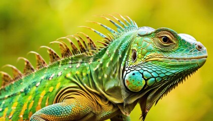a close up of an iguana on a branch with green leaves in the background and a blurry background.