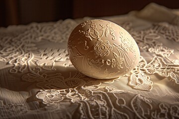Vintage Easter Elegance: An Heirloom Porcelain Easter Egg on an Antique Lace Tablecloth, Illuminated by the Warm Glow of Morning Light.