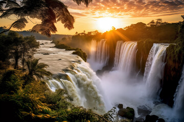 Magnificent Sunset View Over The Majestic Iguazu Waterfall Enveloped By Lush Greenery