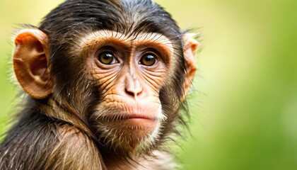 Fototapeta premium a close up of a monkey's face with a blurry background of grass and trees in the background.
