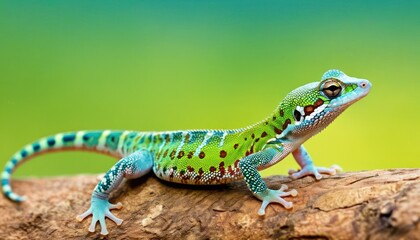 Obraz premium a close up of a lizard on a branch with a blurry back ground behind it and a green back ground behind it.