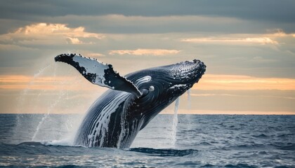 the tail of a humpback whale jumping out of the water in front of an orange and blue sky.
