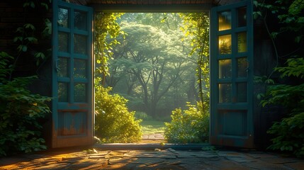 The open door stands on the street in the city center, through the open door you can see a beautiful green forest. Ai generative