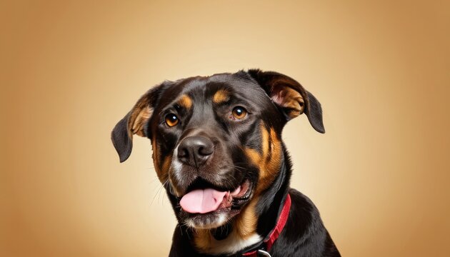 a black and brown dog with a red collar and tongue hanging out of it's mouth looking at the camera.