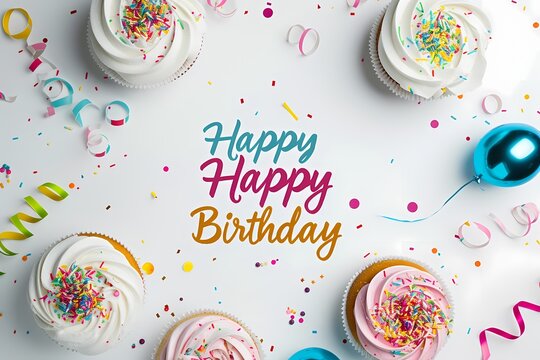 "Happy Birthday" message in a stylish font, perfectly placed on a pristine white background, photographed in high definition for a classic and joyful scene