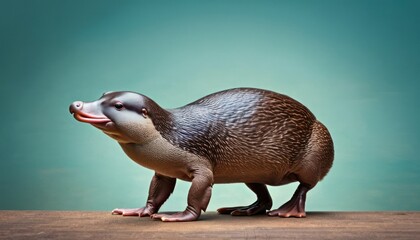Fototapeta premium a brown and black animal standing on top of a wooden table in front of a green and teal background.