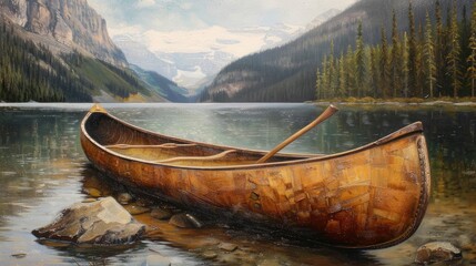 a wooden canoe resting on its side, nestled against a serene lakeside backdrop, evoking a sense of adventure and tranquility.
