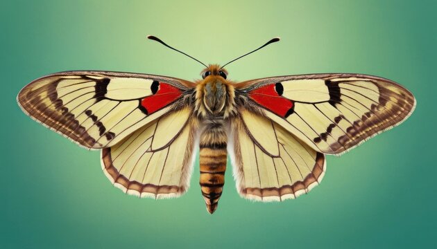 a close up of a butterfly on a green background with a red spot in the middle of it's wings.