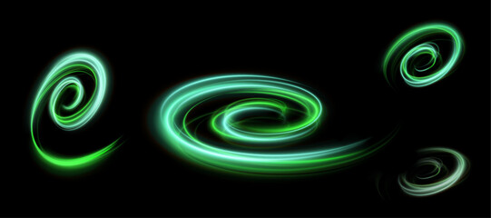 The speed of movement of the light vortex of green light. A whirlwind of bright green light. Abstract curved light effect of bright lines. Vector PNG