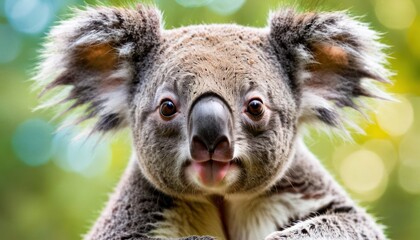 a close up of a koala on a branch with blurry trees in the background and a blurry sky in the background.