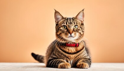 a tabby cat with a red collar sitting on a table looking at the camera with a serious look on its face.