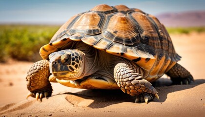 Fototapeta premium a close up of a turtle on a sandy surface with grass in the back ground and a blue sky in the background.