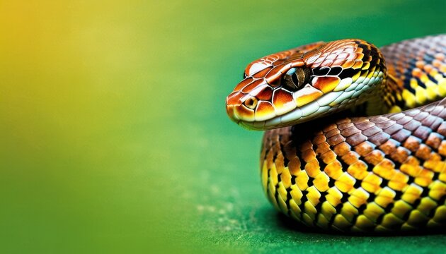 a close up of a snake's head on a green surface with a yellow and orange stripe on it.