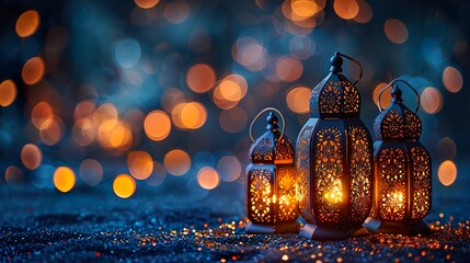Decorative lantern on a blue background. Atmospheric light. A universal image for the holidays. Generative AI - obrazy, fototapety, plakaty
