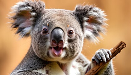 a close up of a koala holding a stick with it's mouth open and it's tongue out.