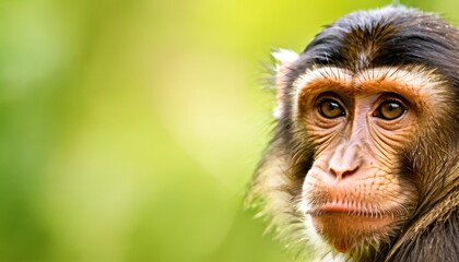 a close up of a monkey's face with blurry trees in the backgrouds in the background.