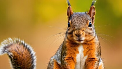 a close - up of a squirrel's face, with a blurry background of trees in the background.