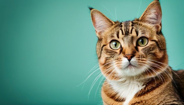 a close up of a cat's face with a blue back ground and a green wall in the background.