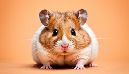 a brown and white hamster sitting on top of a brown and white floor next to a brown wall and a light orange background.