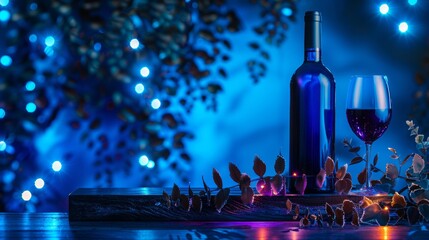 An aesthetic promotional photo of wine in neon light. A bottle of wine with a glass