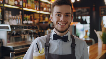 Retrato de barman bonito de avental sorrindo e olhando para a câmera em pé no café - obrazy, fototapety, plakaty