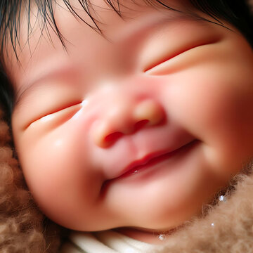 close-up photo of face of an Asian newborn sleeping happily on a brown carpet.
