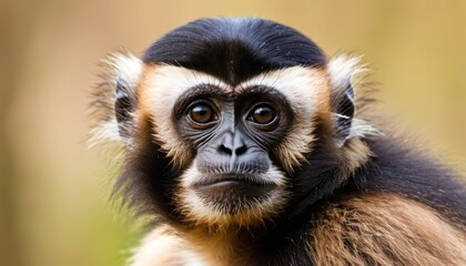 Fototapeta premium a close up of a monkey's face with brown and white fur on the top of it's head.